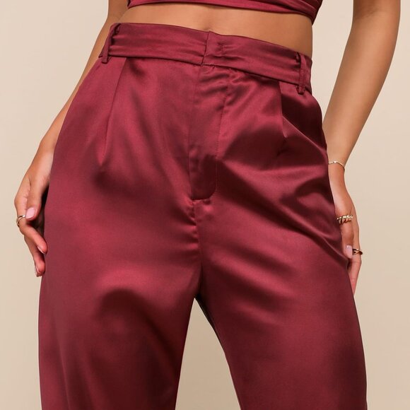 Elegant Burgundy Satin Pants - Picture 3 of 7